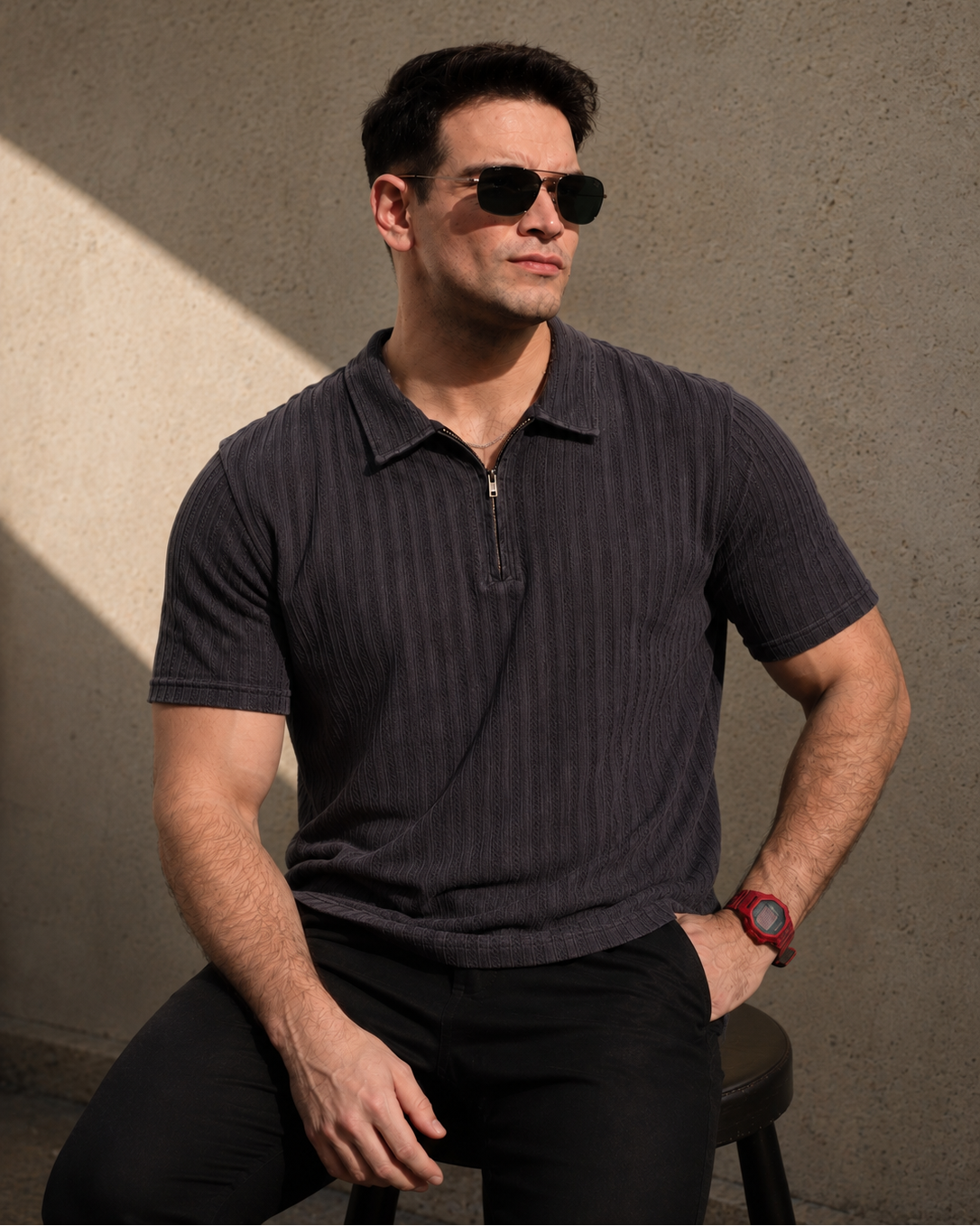 Men's Quarter-Zip Textured Stripe Basic Polo T-shirt