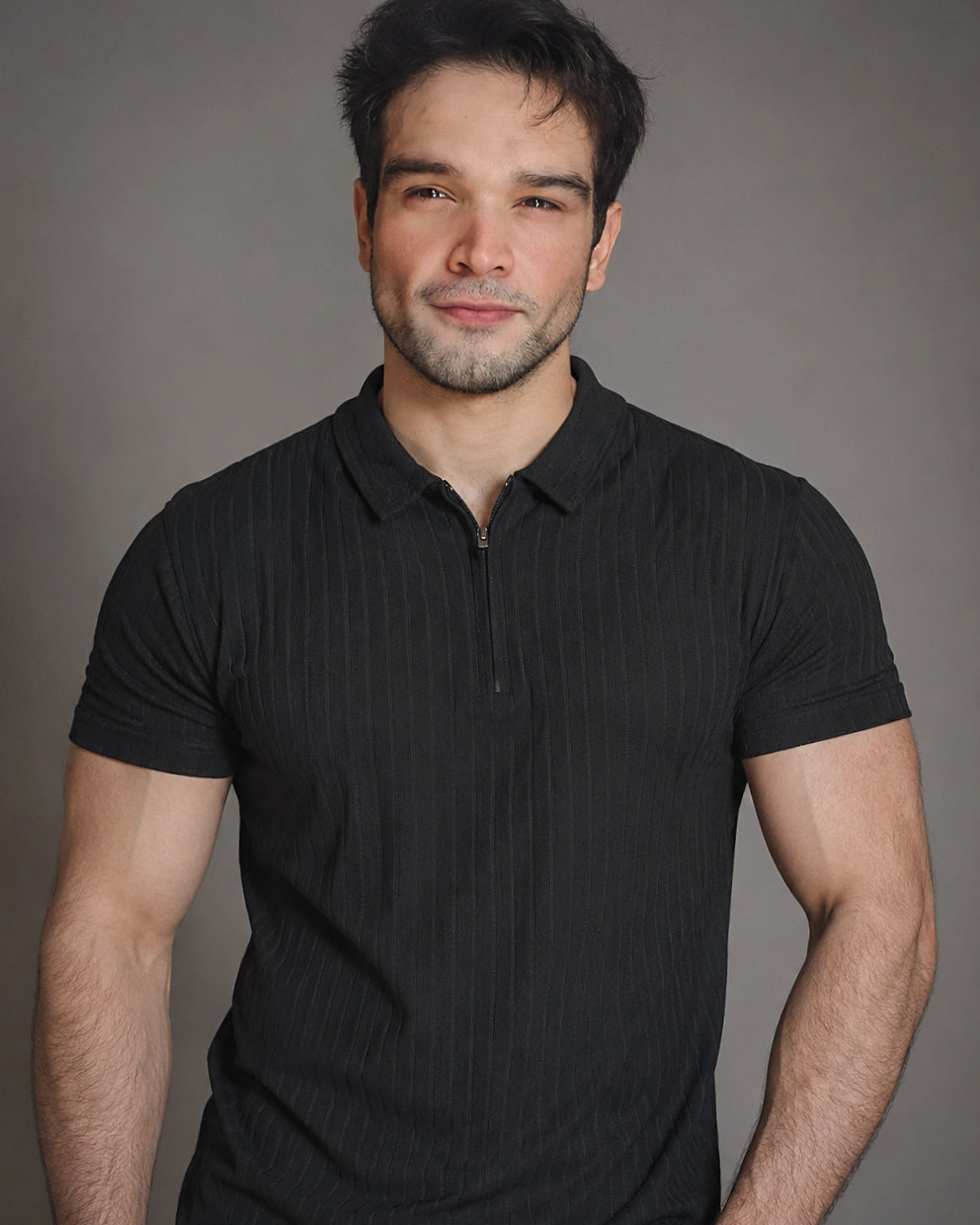 Men's Quarter-Zip Textured Stripe Basic Polo T-shirt