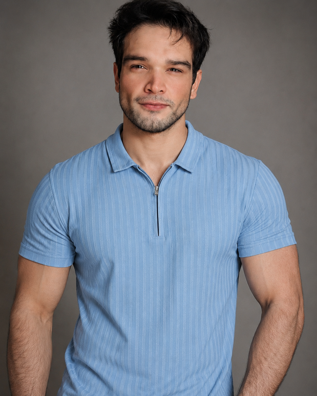 Men's Quarter-Zip Textured Stripe Basic Polo T-shirt