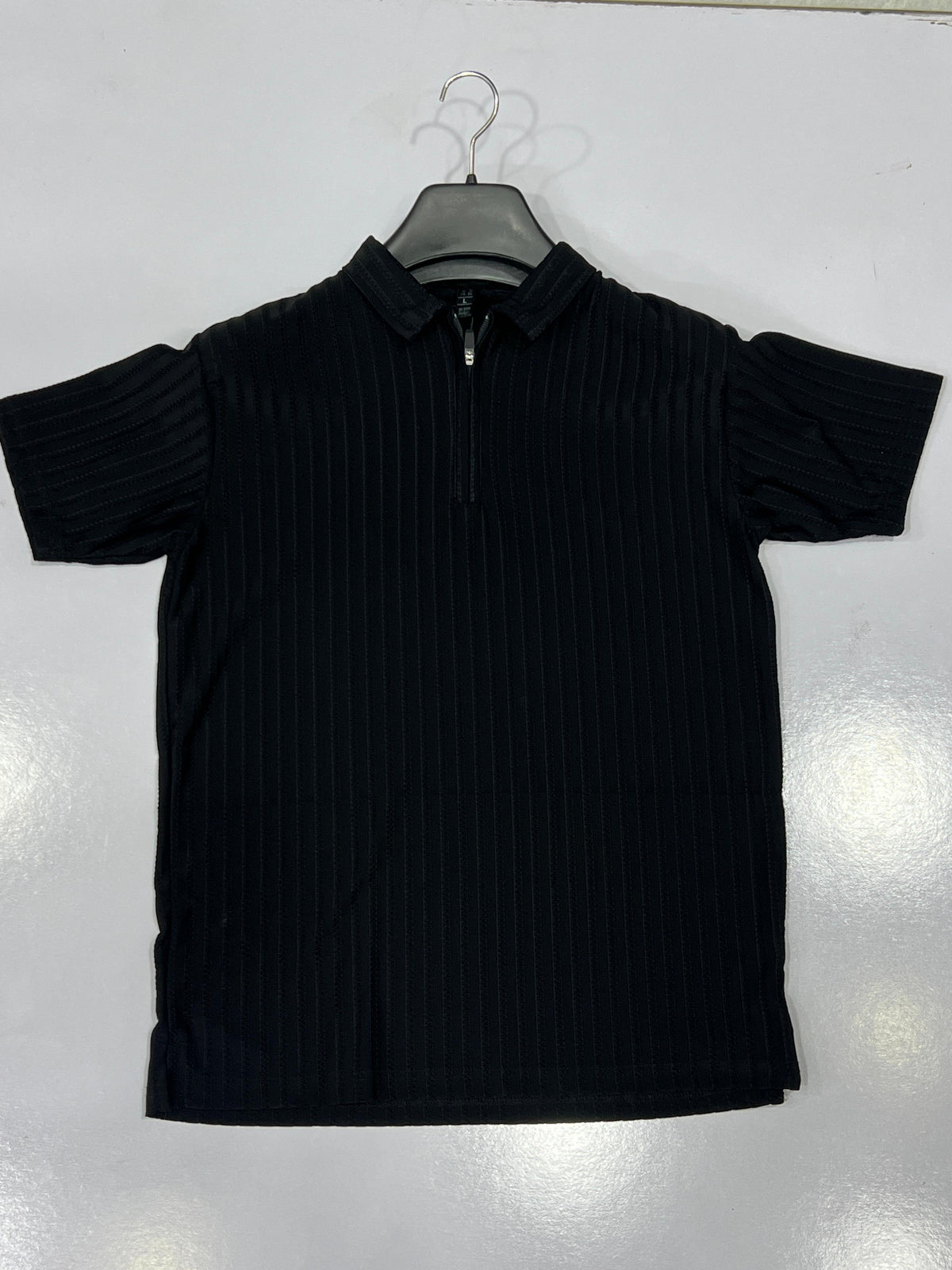 Men's Quarter-Zip Textured Stripe Basic Polo T-shirt